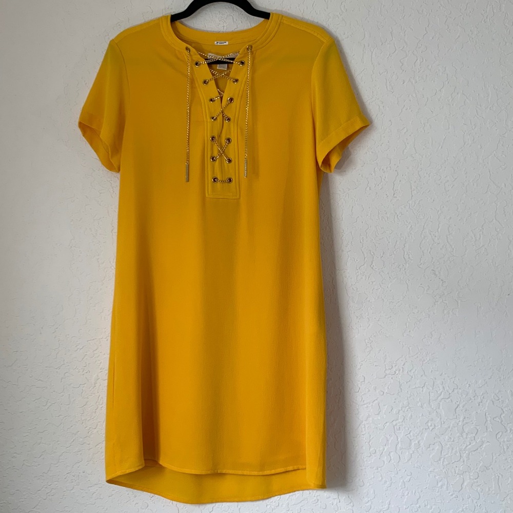 Michael Kors Shift Dress Womens S Yellow Gold Chain Lace Up Quiet Luxury Resort